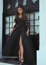 Modern Long Sleeves Evening Dress Modest Thing-High Split Chiffon A Line Black Formal Party Gown Custom Made Plus Size