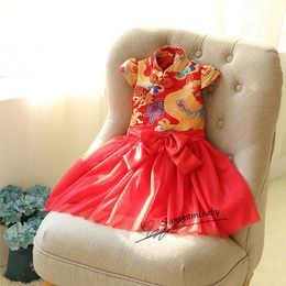 Meninas de varejo vestido de ano novo estilo chinês dragão vestido vermelho para o bebê menina princesa party dress crianças presente de ano novo crianças roupas