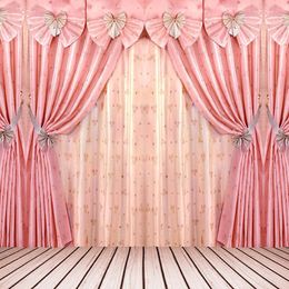 Pink Curtain Wedding Photography Background Wooden Boards Floor Princess Stage Party Photo Shoot Backdrop Children Kids Studio Backgrounds