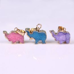 Brazilian Elephant Druzy Pendant Unique Natural Purple Pink Blue Druzy Pendant Lucky Peace Animal Baby Elephant Gold Edged Charms Wholesale