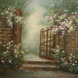 White Pink Flowers Garden Backgrounds Digital Painted Brick Wall Steel Gate Outdoor Wedding Scenic Photography Backdrops Kids Backdrop