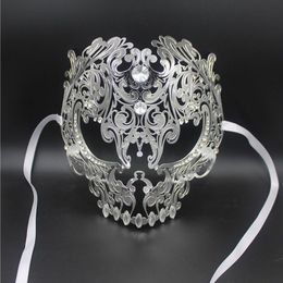 Wholesale- Black Full Face Skull Men Women Metal Laser Cut Silver Masquerade Party Masks Gold Red Ball Rhinestone Prom Venetian Mask
