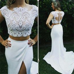 2017 Sexy Bohemian Lace Top Chiffon Skirt Two Pieces Mermaid Wedding Dresses With Short Sleeve Side Split Beach Bridal Gowns EN112113