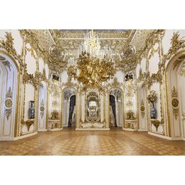 Luxury Palace Chandelier Photography Backdrops Gold Carvings on White Wall Interior Wedding Photo Shoot Backgrounds for Studio