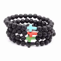 Nw Moda Lava-rock Rodada Bead Cross Charm Bracelet Anti-fadiga Lava Broc Pulseiras Aromaterapia Difusor de Óleo Rssential Jóias