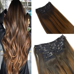 Straight Hair 7Pcs 120G Color #2 Fading To #6 Ombre Balayage Extensions High Quality Brazilian Hair Clip In Hair Extensions