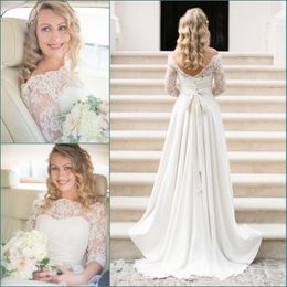 Beach Ivory Lace Country A Line Wedding Dresses Long Sleeves Bateau Neck Applique Sexy Bridal Gowns Plus Size Bohemain pplique