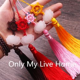 Natural Jade Lotus Hand Fan Tassel Charm Chinese knot Accessories Folding Fan Decoration Pendant DIY Bag Car Hanging