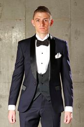 2018 Costume Homme Slim Fit Groomsmen Groom Tuxedos For Men Navy Blue Best Man Suit Wedding Men Suits For Party (Jacket+Pants+Vest+Bow)