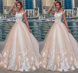 Luxury 3D Floral Applique Wedding Dresses Empire Waist A-line 2019 Jewel Cap Sleeve Hollow Back Plus Size Wedding Dress Bridal Party Dress