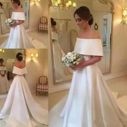 Elegant Plain Cheap Wedding Dresses Off Shoulder Neckline A Line Sweep Train Ivory Satin Simple Vintage Bridal Gowns Made in China