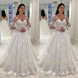 Sexy Women Wedding Dress White Lace Long Dress Deep V-neck Long Mesh Lace Sleeve A-line Pleated Floor-length Dresses
