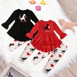 Valentine's Day Baby Girl Clothing Sets Cotton Spring Ruffles Love Heart Dinosaur Asymmetry Dress Top + Pants 2pcs/set Boutique Clothes M948