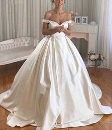 Satin Off Shoulder Wedding Dresses Puffy Skirt Simple Plain Cheap Bridal Gowns with Court Train Custom Made