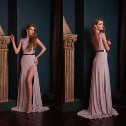 New Arrival Prom Dresses Scoop Neck Sexy Sleeveless Backless Elegant Home Party Gowns High Side Split Sweep Train Formal Evening Dress