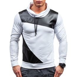 Men T-shirt 2019 Brand Fashion Turtleneck Patch Leather Long Sleeve T shirt Casual Slim Cotton Tee Plus Size White Men Clothes