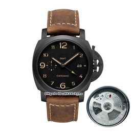 Best 44MM 00441 Black PVD Cal.P.9001 Automatic Mens Watch 441 Black Dial Leather Strap Gents Sports Watches