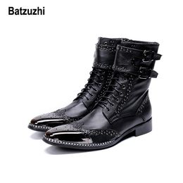 Batzuzhi Brand New Men Shoes Pointed Metal Tip Knight Boot Men zapatos de hombre Black Genuine Leather Combat Boots for Men Bota