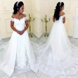 Plus Size Overskirts Wedding Dresses Off Shoulder Cheap Arabic African Country Bridal Gowns Count Train Lace Appliques Elegant Wedding Dress