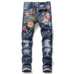 New mens skinny jeans ripped jeans for men little stretch paint badge pants men clothes hip hop streetwear Spring Autumn blue