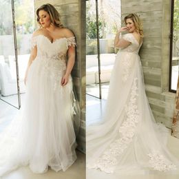 Size Elegant Plus Dresses Off The Shoulder Lace Applique Sweep Train Tulle Custom Made Cap Sleeves Beach Wedding Gown 0418