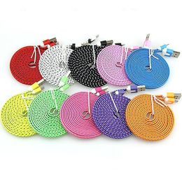 Noodle Braided Type C Micro USB Cable Sync Data Charging 1m 2m 3m Cord Flat Woven Fabric Dual Colours for samsung