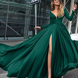 2020 Evening Gown A-Line Plunging V Neck Floor Length Chiffon Open Back Formal Evening Dress with Sexy Split Front 50% Discount