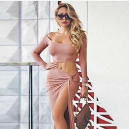Two Piece Dress 4 Colors Women Sexy Jumpsuit Long Sleeve Crop Top+Gypsy Hippie Skirts Clubwear Romper Set Female Casual Fashion Party