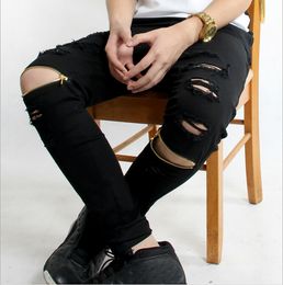 Wholesale,EXO same style mens fashion swag ripped destroied Stretch cotton skinny zipper jogger pants Men hip hop joggers pantalon homme pantalon swag
