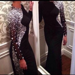Discount custom evening gown jersey 2016 New Sexy Black Crystal Beads Sheer Long Sleeves Jersey Mermaid Evening Dresses 2015 Vestido Jewel Long Prom Gowns Women Pageant Dresses