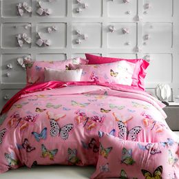 Luxury Pink Color Butterfly Printed Queen King Size Long Staple Cotton Bedding Set Duvet Cover Set