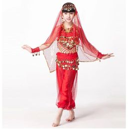 2016 Designer Indian Bollywood Dancing 5,piece Set Coins Headpiece, Top, Belt and Pants Sequin Sleeves Kids Belly Dance Costumes