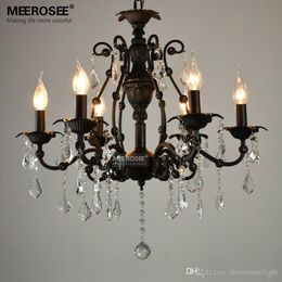 Vintage Black Crystal Pendant Light Fixture 6 lights American Wrought Iron Pendant Lamp Suspension Hanging Drop Light