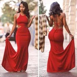 online shopping 2016 New Sexy Backless Red Prom Dresses Long Halter Neck Floor Length Mermaid Jersey Cheap Formal Gowns Evening Dresses BO7273