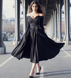 2017 custom evening gown jersey Sweetheart Off Shoulder Black Evening Dress With Long Sleeves Tea Length Party Gowns Simple Elegant Women Special Occasion Dress cheap custom evening gown jersey