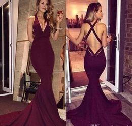 Discount custom evening gown jersey Hot Burgundy Simple V Neck Mermaid Prom Dresses 2017 Sexy Backless Sleeveless Sweep Train Party Dresses Evening Gowns Cheap