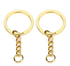 Porte-clés en or de 28 mm, ronds fendus, avec chaîne courte, en Bronze rhodié, pour femmes et hommes, fabrication de bijoux, accessoires, vente en gros