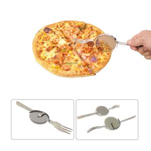 2in1 Pizza Cutter Tools Pizza-Wheel and Fork Cake Server Pala Slicer Espátula Horno de cocina Raspador DIY Tool Suministros para hornear DH8757