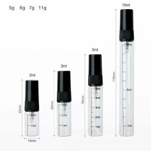 Bouteilles de parfum en verre à échelle de 2 ml, 3 ml, 5 ml, 10 ml, huile essentielle, liquide, échantillons vides, tubes à essai, flacons transparents, noir et blanc, bouchon en plastique, emballage cosmétique, bouteille d'essai