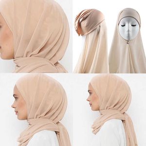 2 bandas para la cabeza Hijabs instantáneos con gorro liso de gasa Jersey Hijabs para mujer velo musulmán islámico Hijab gorro bufanda para mujer Hijabs pañuelo en la cabeza Y23