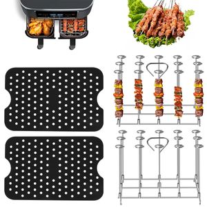 2PCS Air Fryer Bask Kits Rack Kits Holessless Steel Saider Air Fryer Boîtier Skewer Grill Baking Bray Barbecue Kitchen Tools 240410