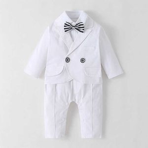 2pcs bébé garçon gentleman vêtements blanc né baptême tenue de mariage tout-petit garçons boutique vêtements bébé barboteuses + manteau 210615
