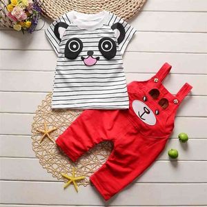 2pcs Vêtements de bébé Ensembles garçons coton mignon dessin animé panda rayé t-shit + pantalon de sangle pour vêtements bébé nouveau-né vêtements12 210326