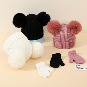 Ensemble de gants et chapeaux pour bébé, 2 pièces, mignon, hiver, Double pompon, bonnet tricoté, solide, pour enfants, garçons et filles, casquettes chaudes d'extérieur, mitaines