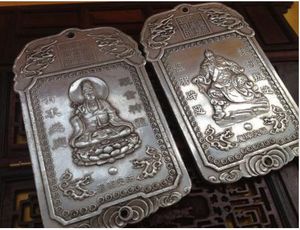 Livraison gratuite 2 pièces élaboré vieux tibétain argent Guan Gong / kwan yin bouddha statue amulette plaques de bon augure