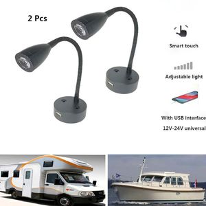 2 pièces LED lampe de lecture 12V 24V Smart Touch Dimmable Flexible col de cygne applique pour camping-car Yacht cabine avec Port de chargeur USB