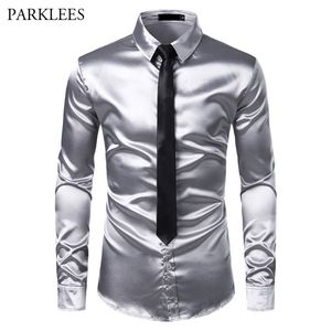 2 unids seda de plata camisa + corbata satén sátino smooth smooth stet shirts ocasional boton abajo hombres vestido camisas fiesta fiesta fiesta prom PROME HOMME 210708