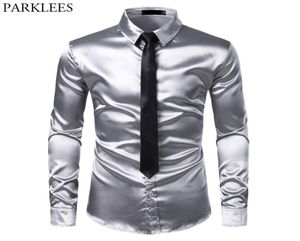 2pcs Silk Silk Shirttie Mens Satin Smooth Tuxedo Shirts Casual Bouton Down Down Dress Shirts Prom Prom Chemise Homme Y27078858