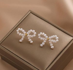3-4mm hermoso arco perla Stud colgante candelabro perla de agua dulce pendientes blanco dama/niña joyería de moda