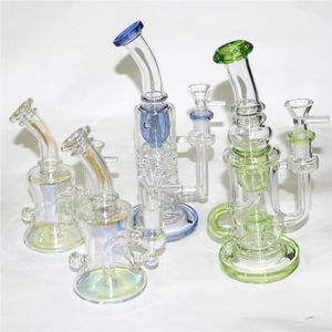 3 diseños bong de vidrio Color metálico teñido verde bule vidrio tubos de agua plataformas DAB reciclador burbujeador de aceite para la venta